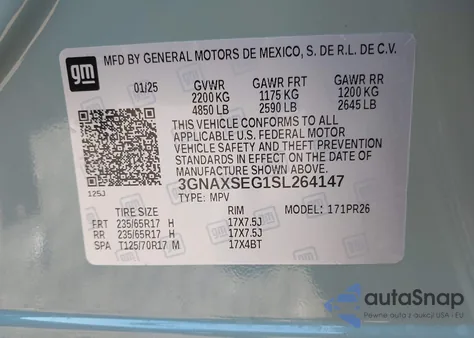 2025 Chevrolet Equinox Awd Activ z USA, uszkodzony, nr VIN 3GNAXSEG1SL264147